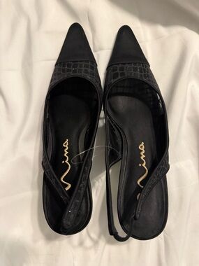 Nina Black Pointed Toe Slingback Flats with Croc-Embossed Strap